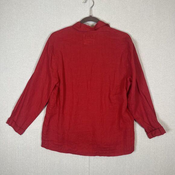 Flax Linen Womens Sz Petite Large Button Up Shirt Jacket Shacket Red Long Sleeve - Picture 2 of 7
